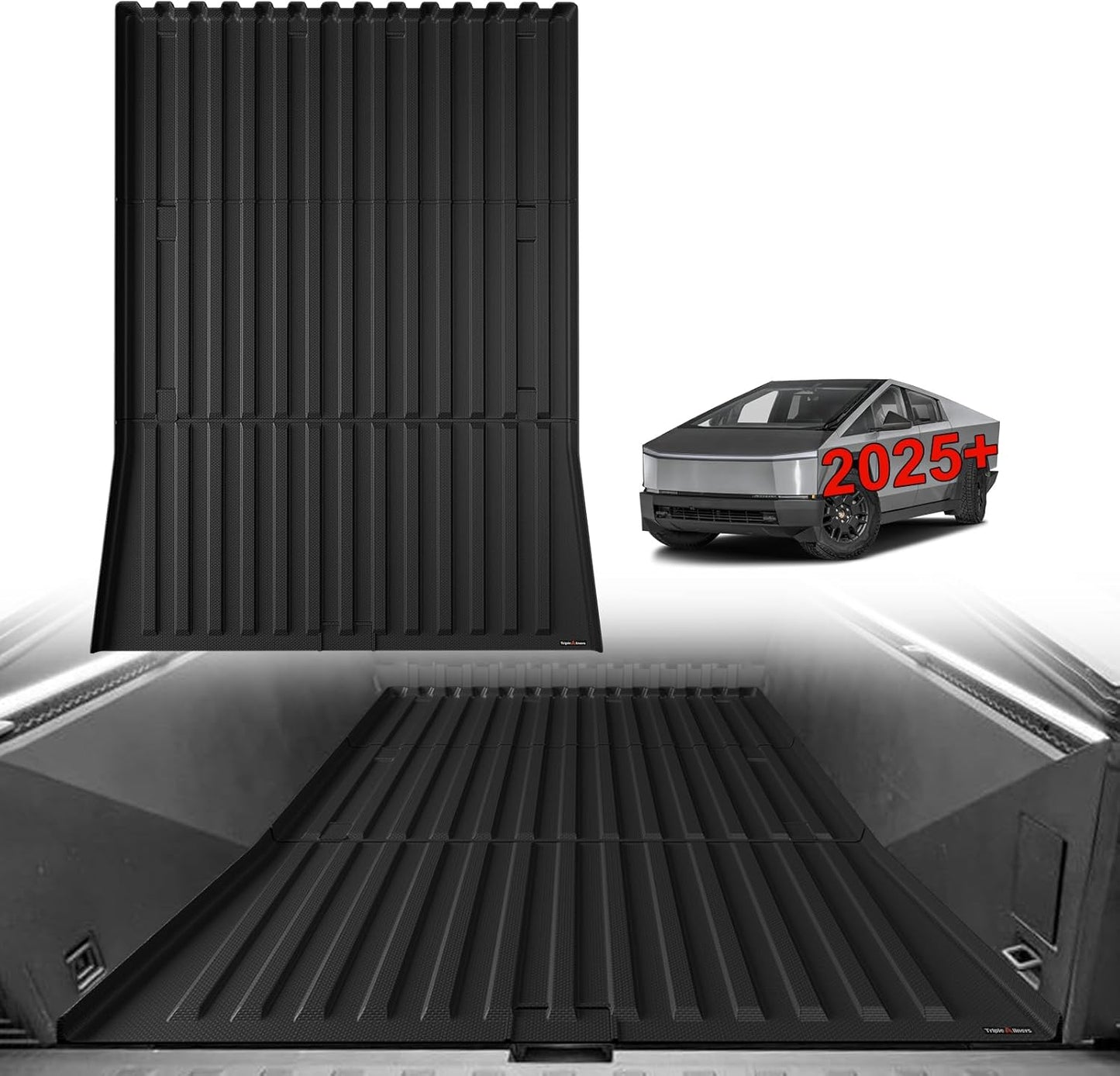 TripleAliners Truck Bed Mat Compatible with 2025 2026 Tesla Cybertruck Accessories Vehicle Perfectly Flush All Weather Protection TPE Heavy Duty Pickup Car Bed Cargo Mat (Corrugated Design Front Wall)