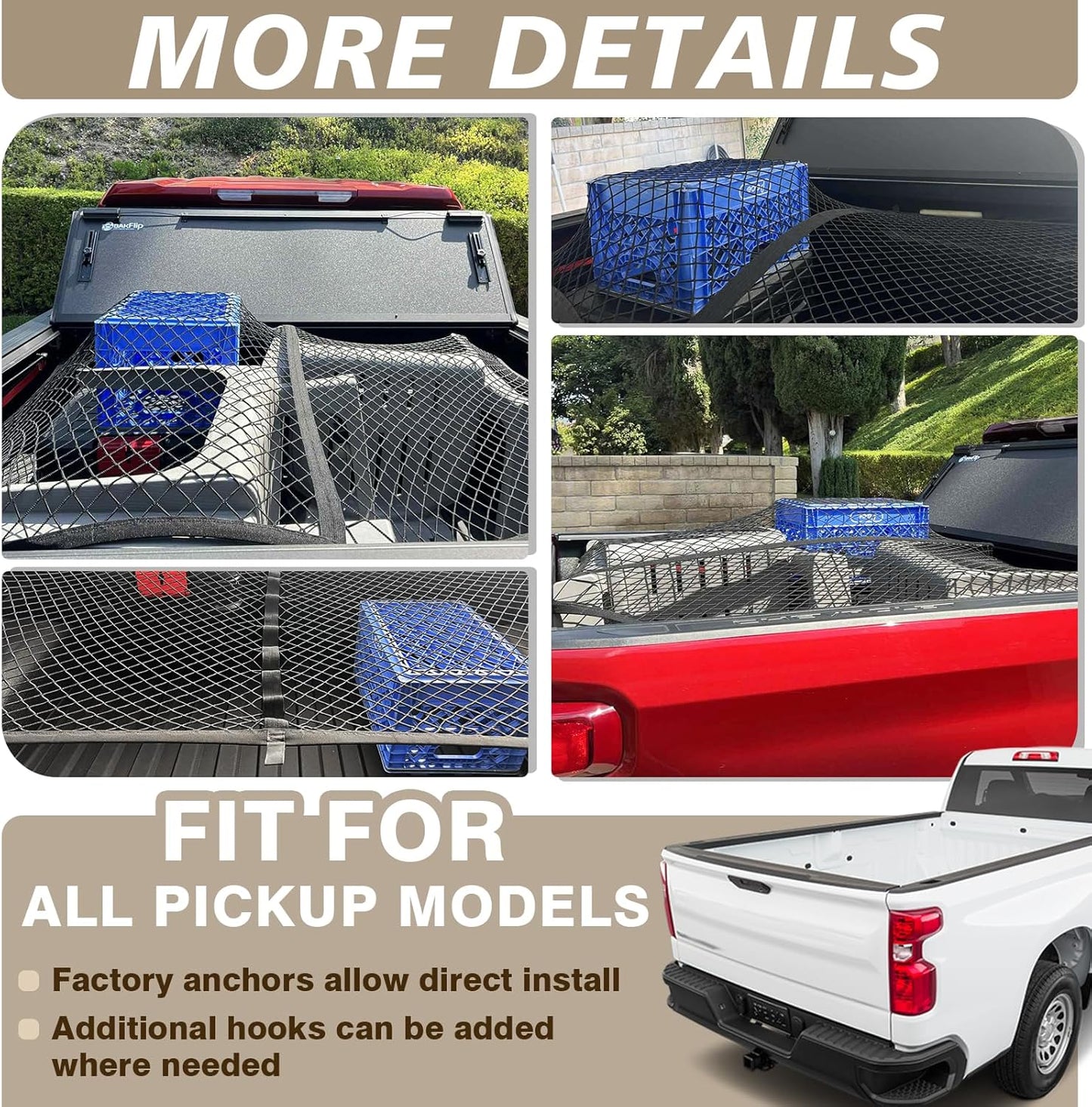 Muslogy Truck Bed Cargo Net Compatible with Pickup Truck Bed Organizer Stretchable 4'x4' to 7'x7' High Elastic Heavy Duty Upgraded Reinforced Storage Net with 10 Metal Carabiners (Single Layer)