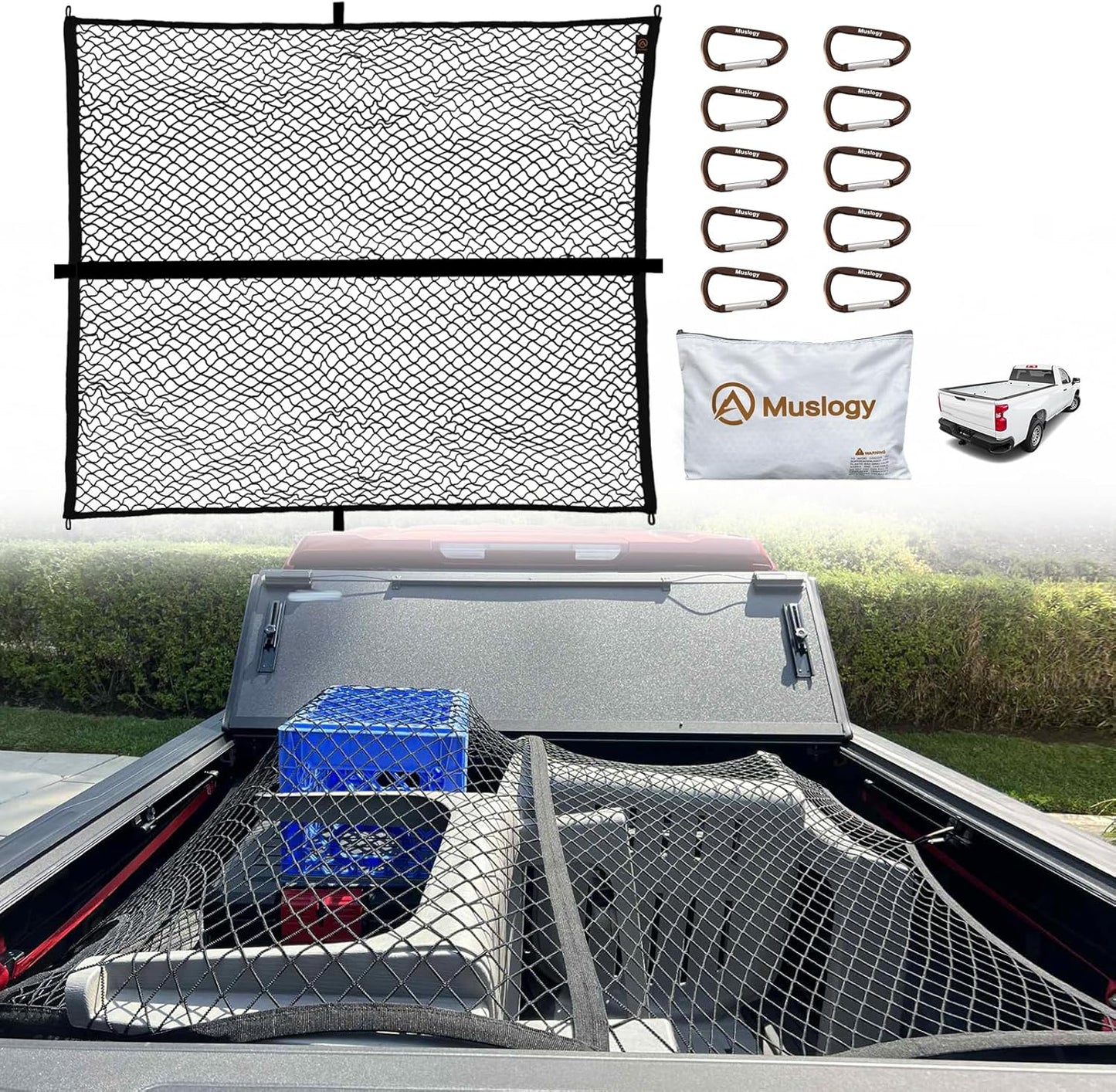 Muslogy Truck Bed Cargo Net Compatible with Pickup Truck Bed Organizer Stretchable 4'x4' to 7'x7' High Elastic Heavy Duty Upgraded Reinforced Storage Net with 10 Metal Carabiners (Single Layer)