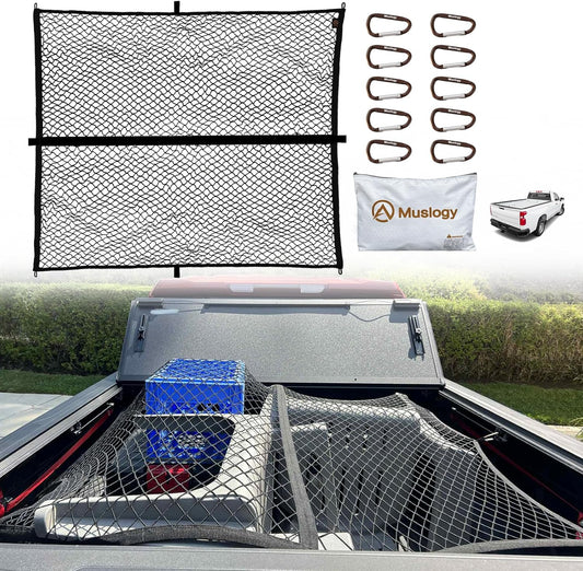 Muslogy Truck Bed Cargo Net Compatible with Pickup Truck Bed Organizer Stretchable 4'x4' to 7'x7' High Elastic Heavy Duty Upgraded Reinforced Storage Net with 10 Metal Carabiners (Single Layer)