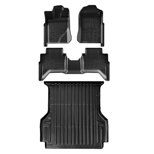 TripleAliners Truck Bed Mat & Floor Mats Front Rear Full Set Compatible with Ford Ranger 2024-2025 SuperCrew Accessories All Weather TPE Truck Liner Custom Fit (5FT Truck Bed Mat+Floor Mats)